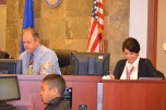 Judge David Jones and his JEA Susan Linn lsiten to testimony in mock trial.