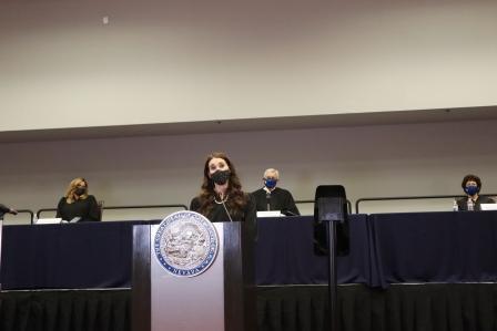 Las Vegas Justice Court Justice of the Peace Harmony Letizia gives the introductory speech for Judge Carli Kierny.